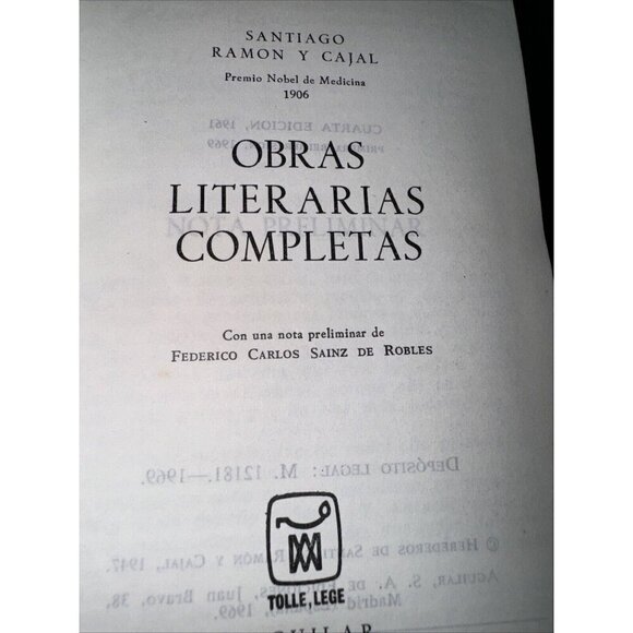 Obras Literarias Completas by Santiago Ramon y Cajal 1969 Tercera Edicion HC - Picture 14 of 16
